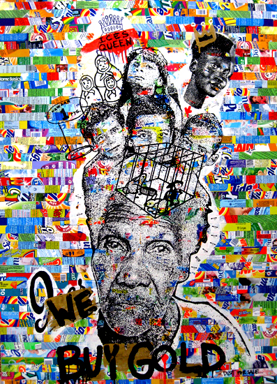  "ICES QUEEN" RAE Acrylic & Ink on Reclaimed Laundry Detergent Bottles 48 in x 36 in x 2 in Image Courtesy of the gallery   