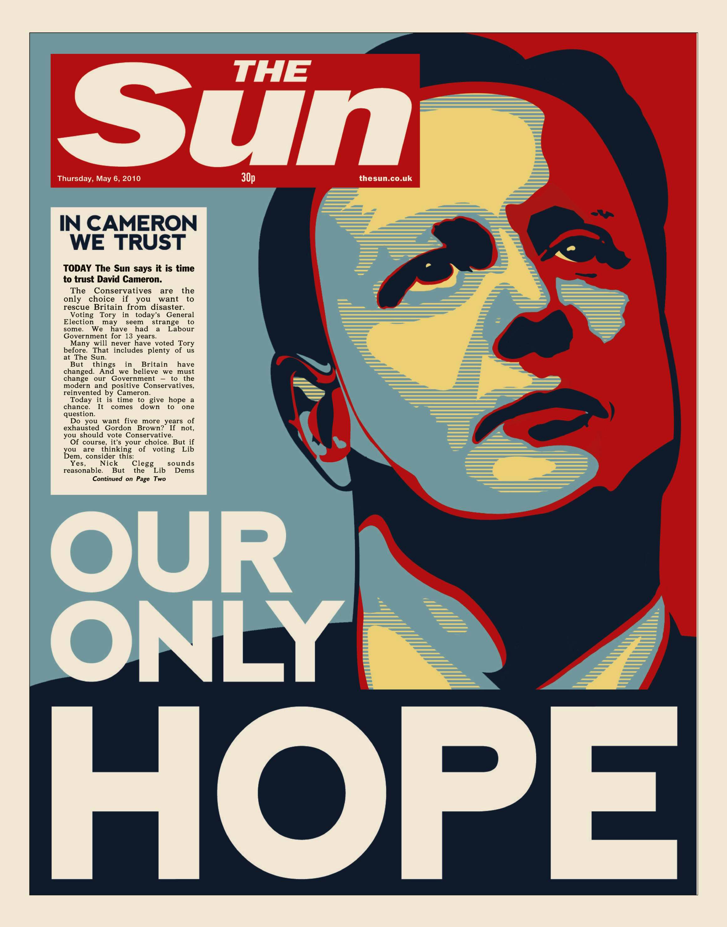 The cover of tomorrow's Sun newspaper features a Fairey'd treatment of conservative Cameron.