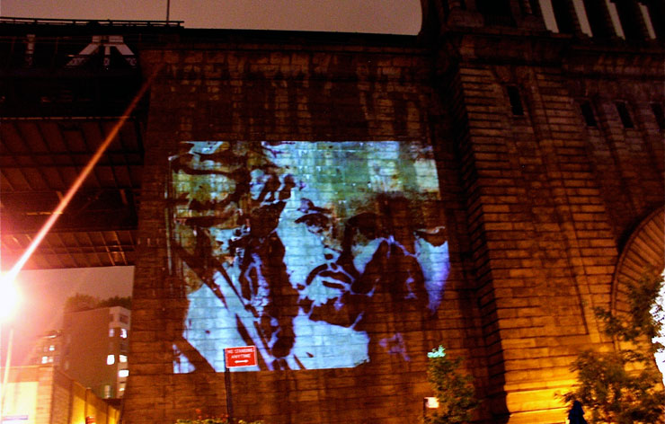 Projekt Projektor in Dumbo, Brooklyn as part of Under the Bridge Festival September 2008 Image of Mary by Faile photo by Jaime Rojo for Brooklyn Street Art