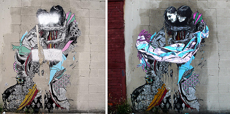 In this piece by Street Artist Swoon that has been up for perhaps two years and has sufferred wear, tear, and sprayed out faces, Specter meticulously repairs the visages and adds a bit of fabric. (photos © Jaime Rojo)